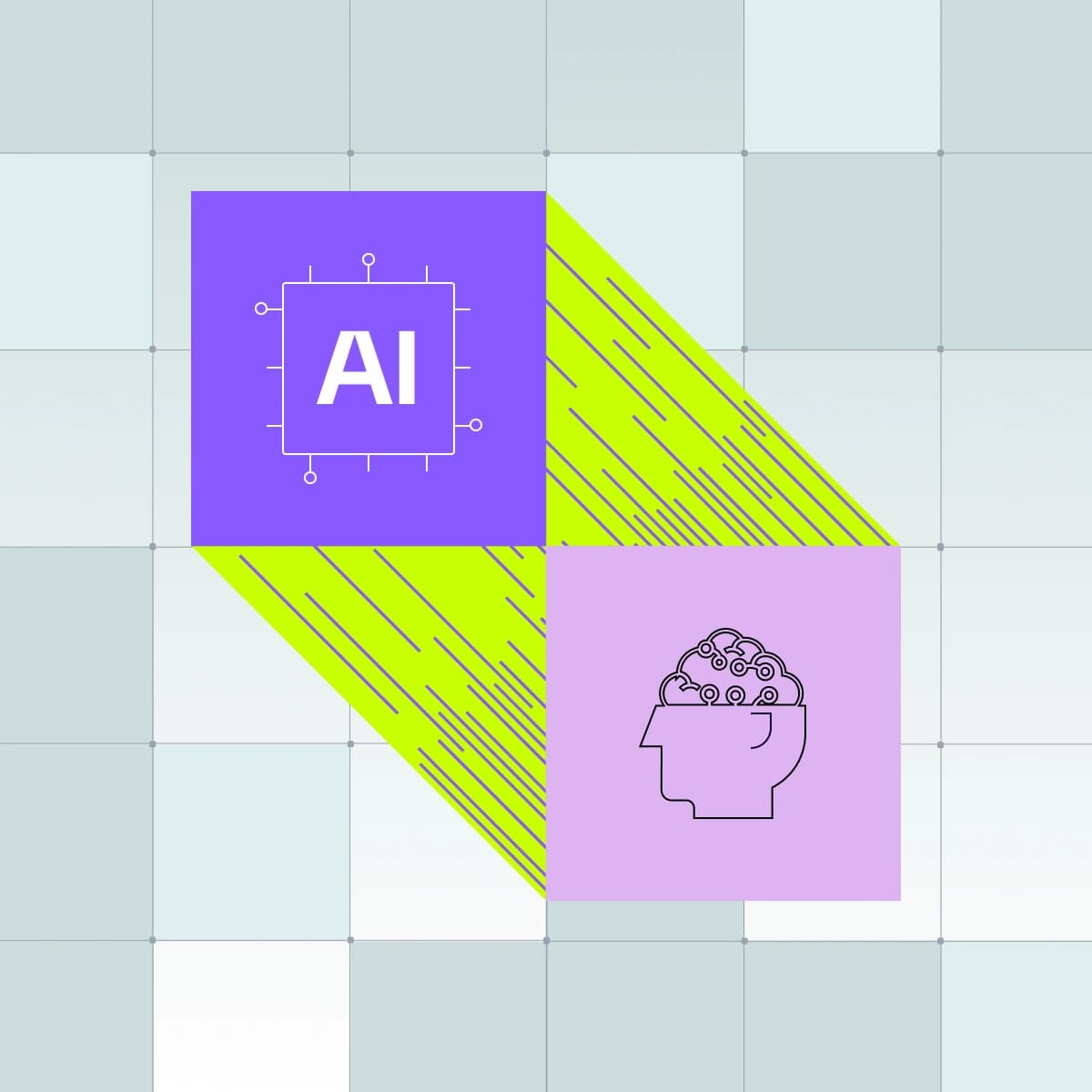 并排的 AI 芯片和人类头像