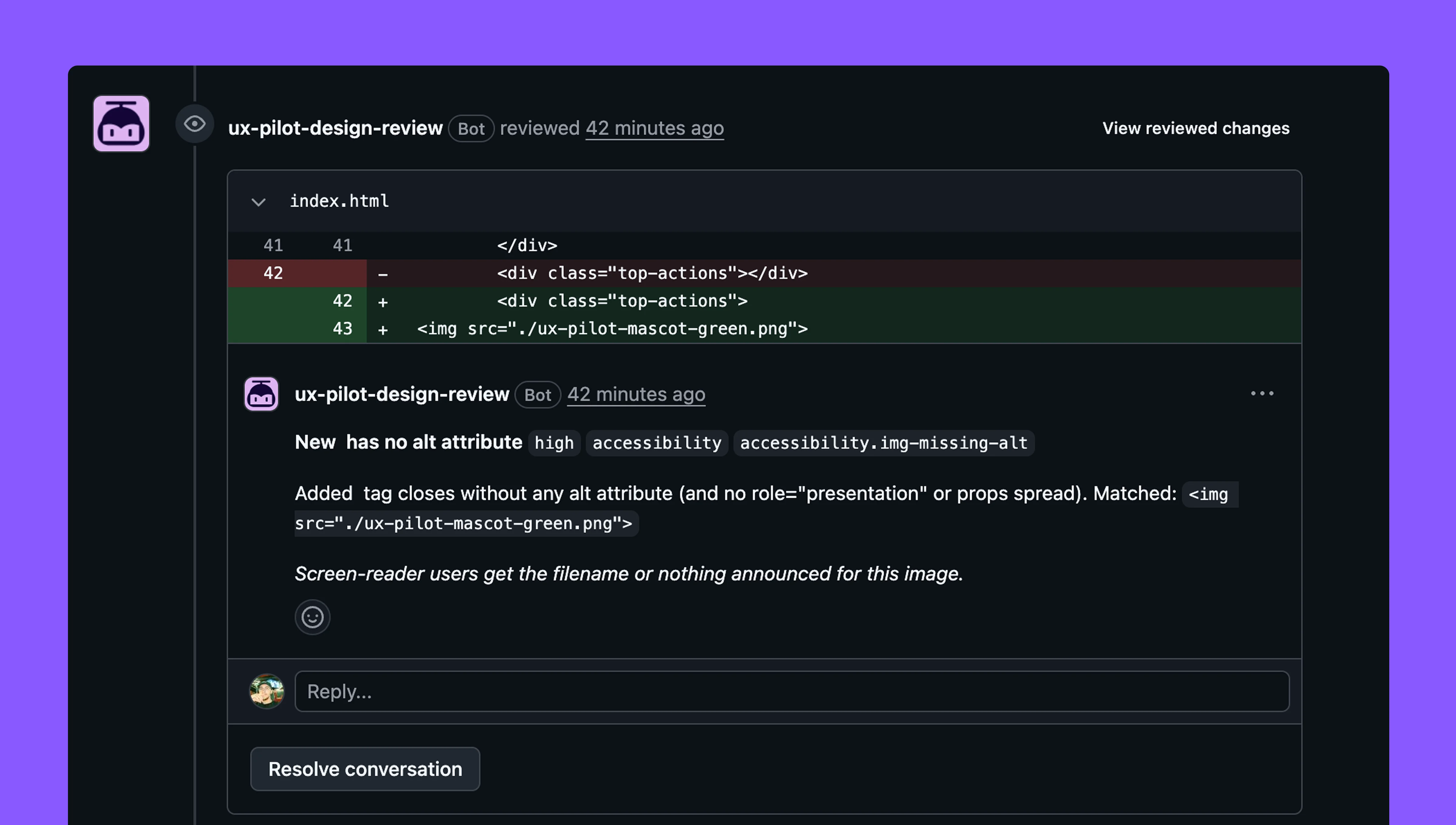 Inline review comments from the UX Pilot agent on a GitHub pull request
