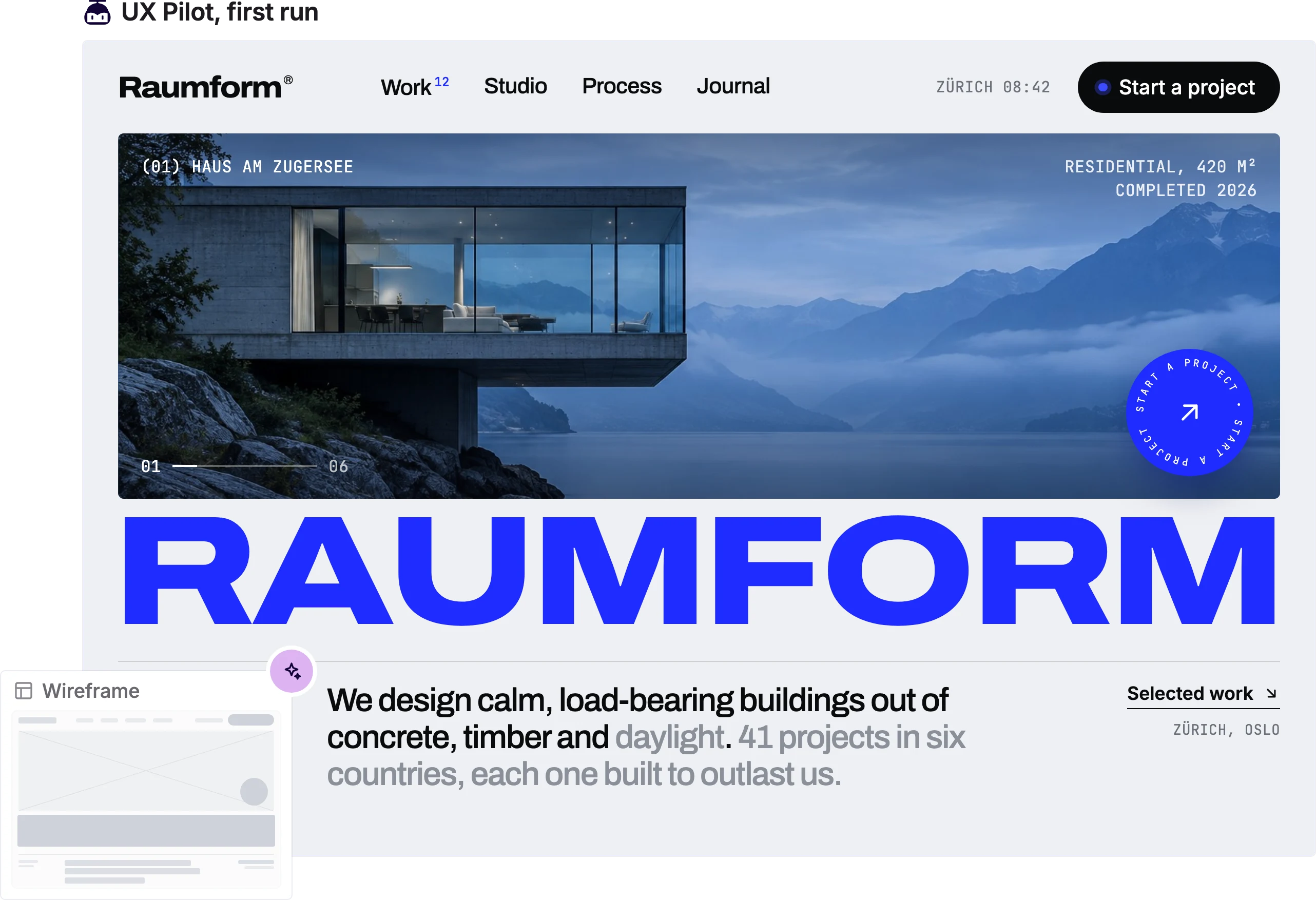 A wireframe and the finished page generated from it in UX Pilot