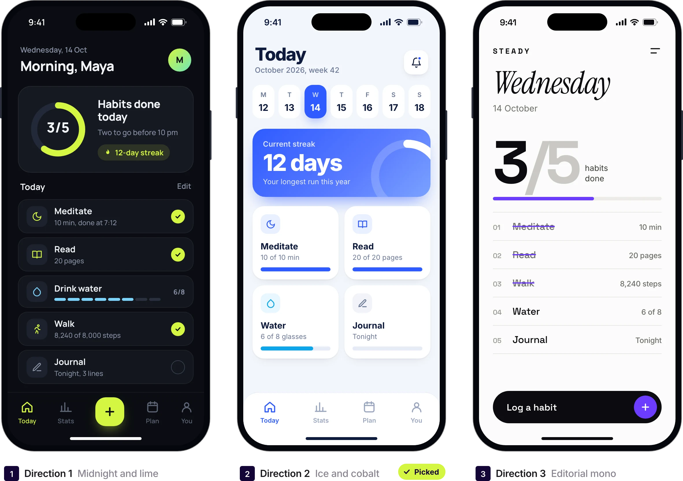 Three design directions for the same habit tracker home screen on phones, generated in UX Pilot