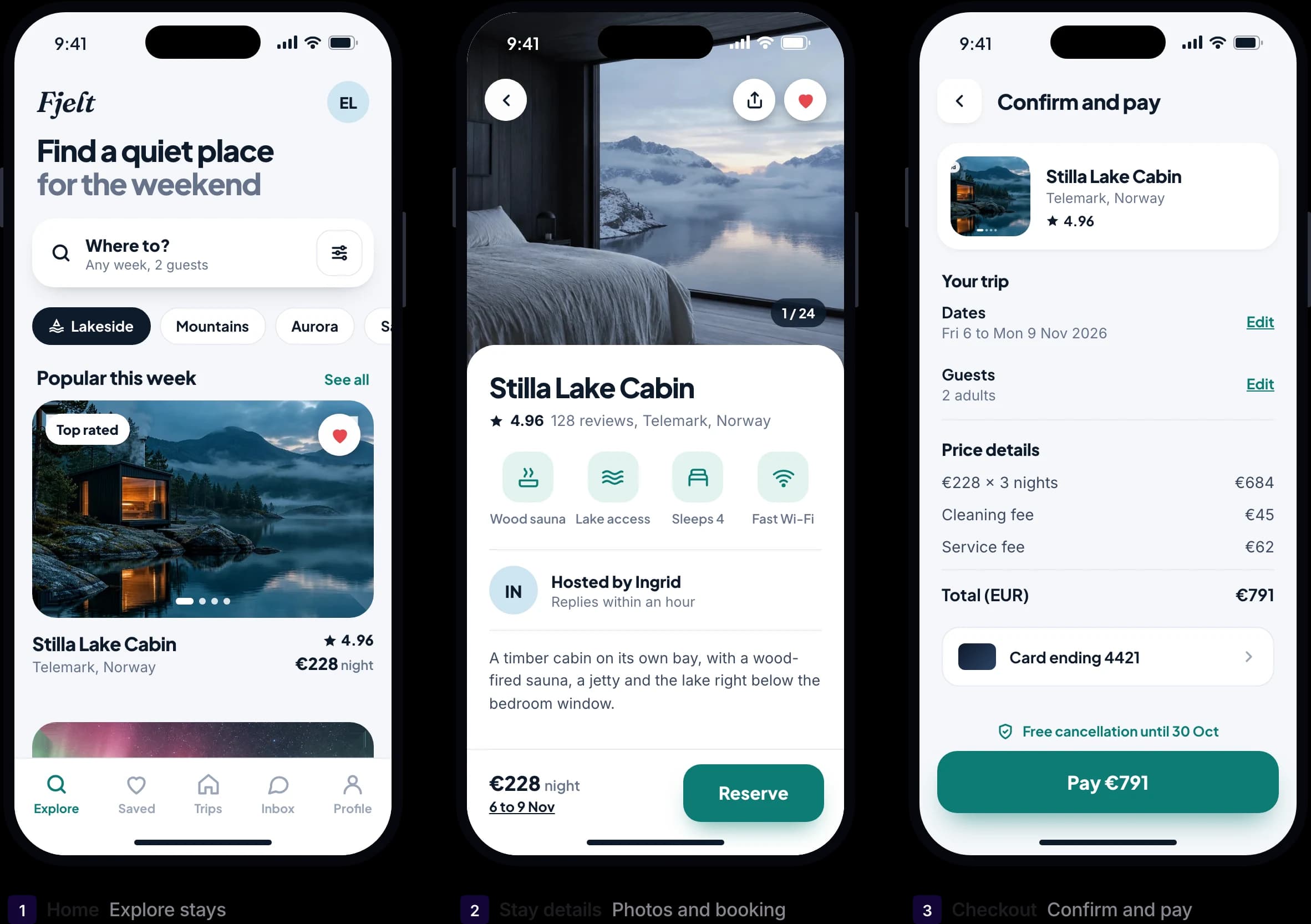 Cabin booking app on three phones: home, stay details and checkout, designed in UX Pilot