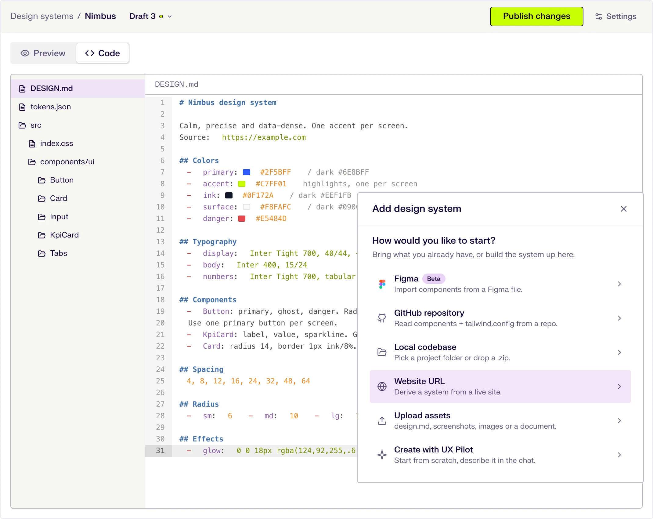 UX Pilot design system editor with DESIGN.md, color tokens and the six ways to start a design system