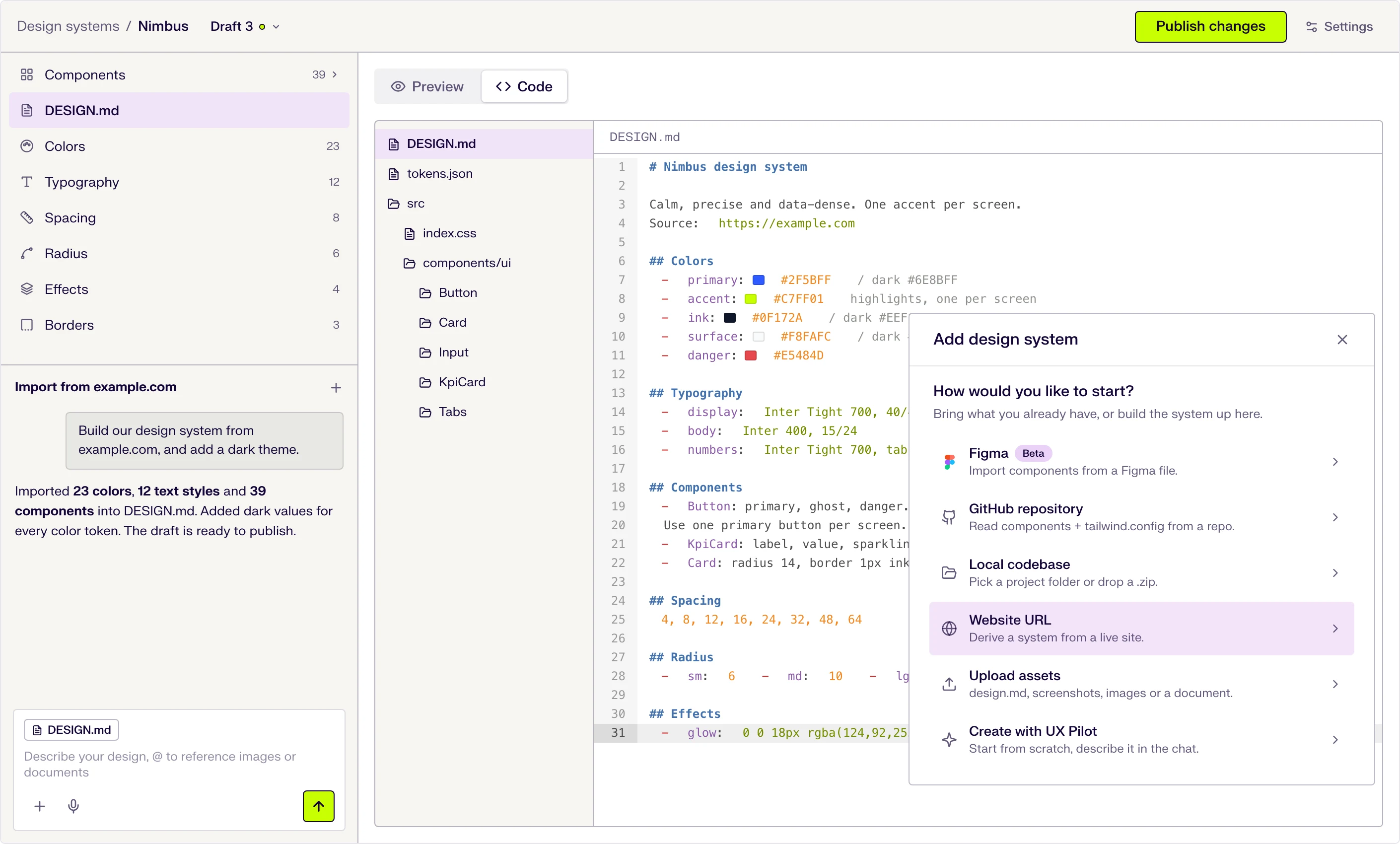 The UX Pilot design system editor with a DESIGN.md file, color tokens and the six ways to start a design system