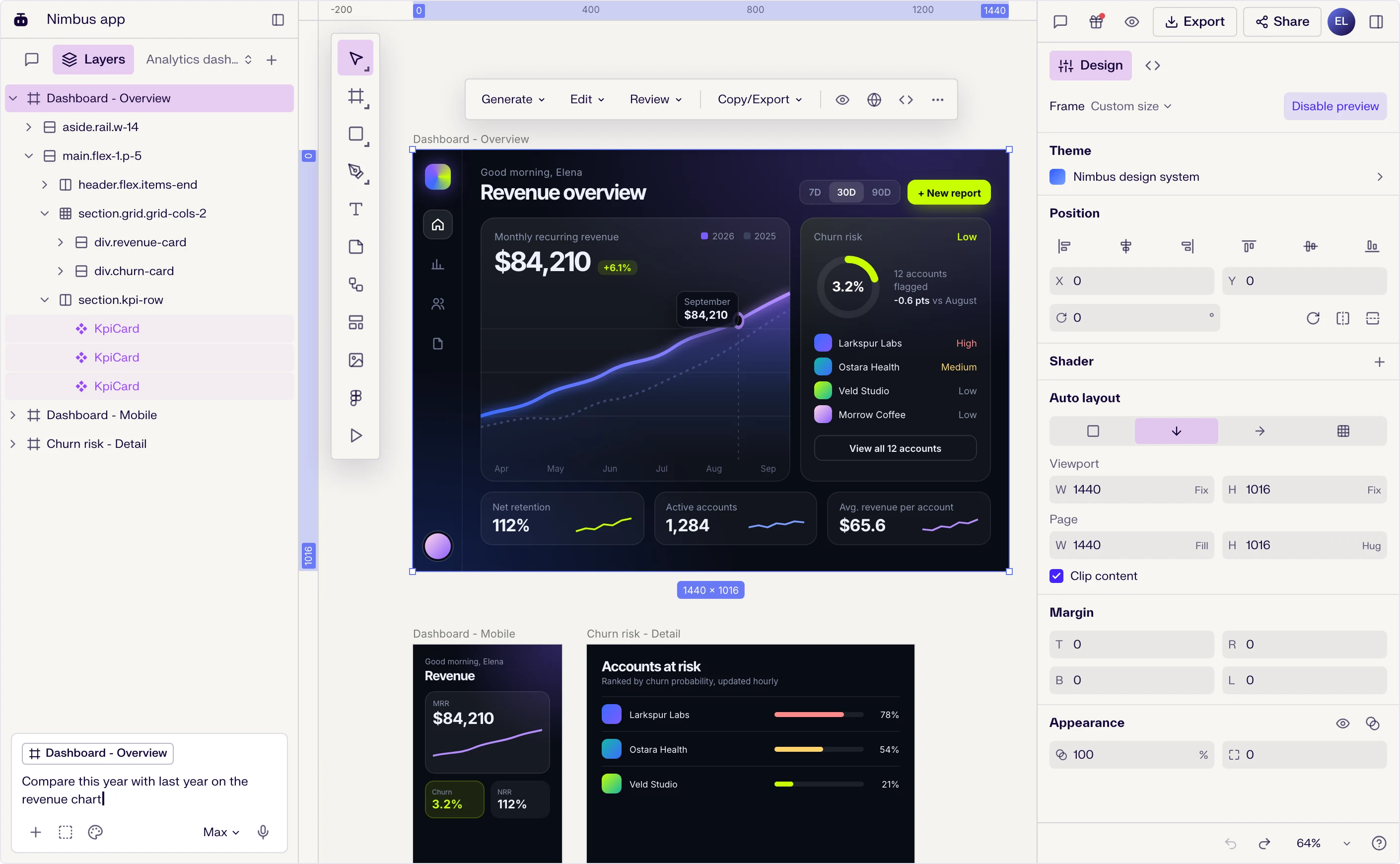The UX Pilot canvas with the layers panel, the tool rail, a selected dashboard frame with its toolbar and the design panel