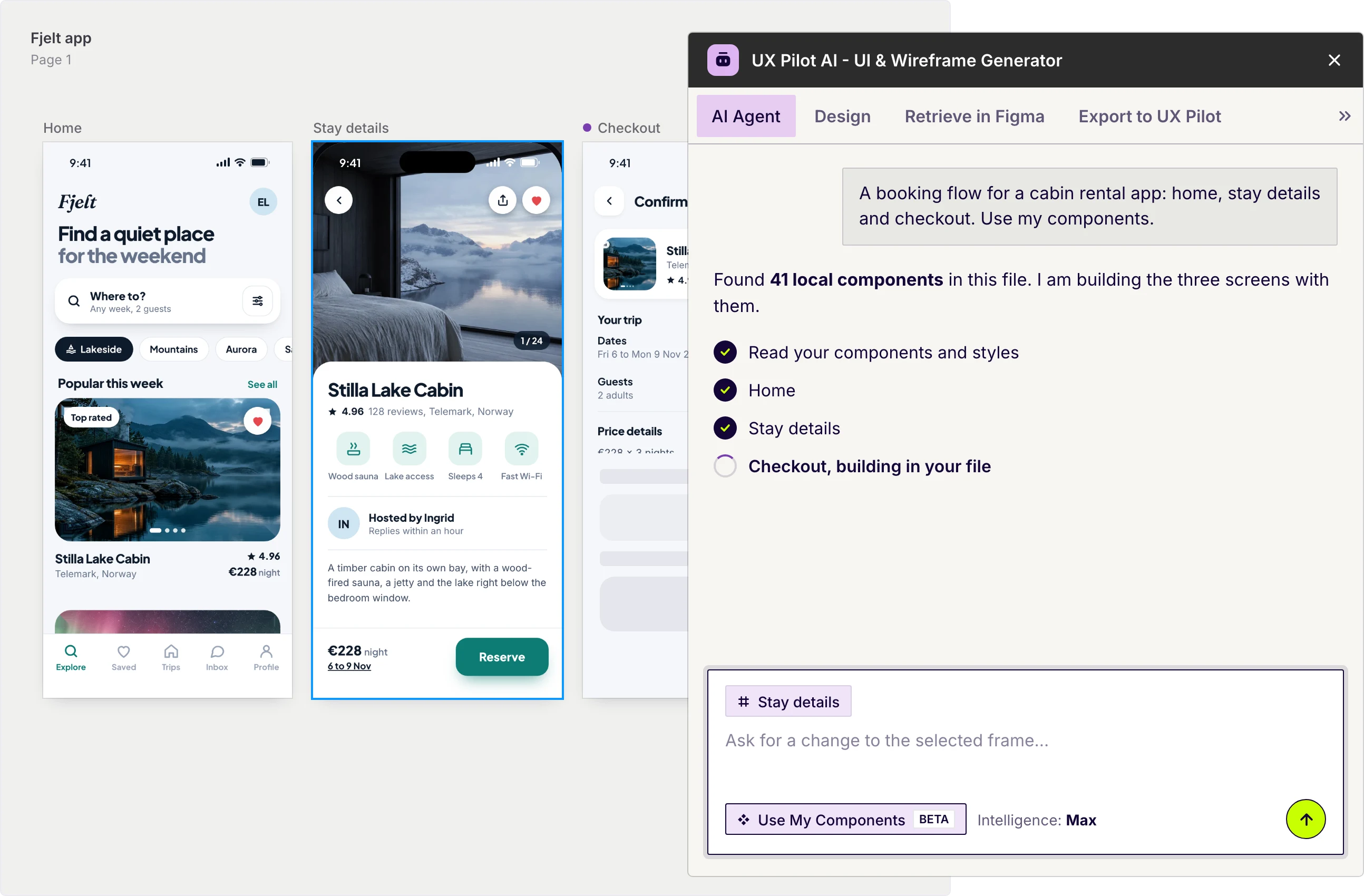 The UX Pilot plugin in Figma building a booking flow with the file's own components