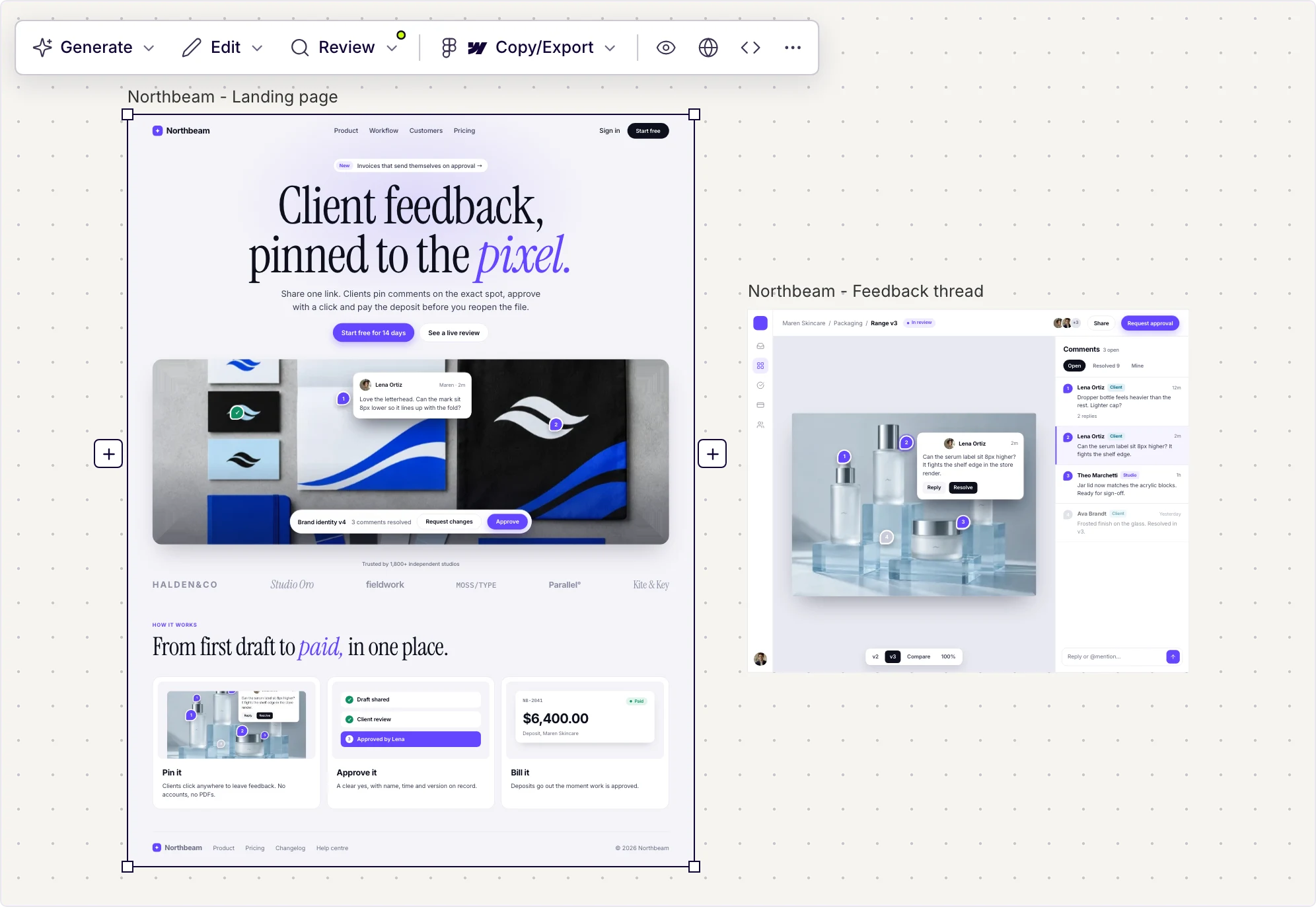 Landing page and client feedback screen generated in UX Pilot, on the canvas with the Generate, Edit, Review and Copy/Export toolbar