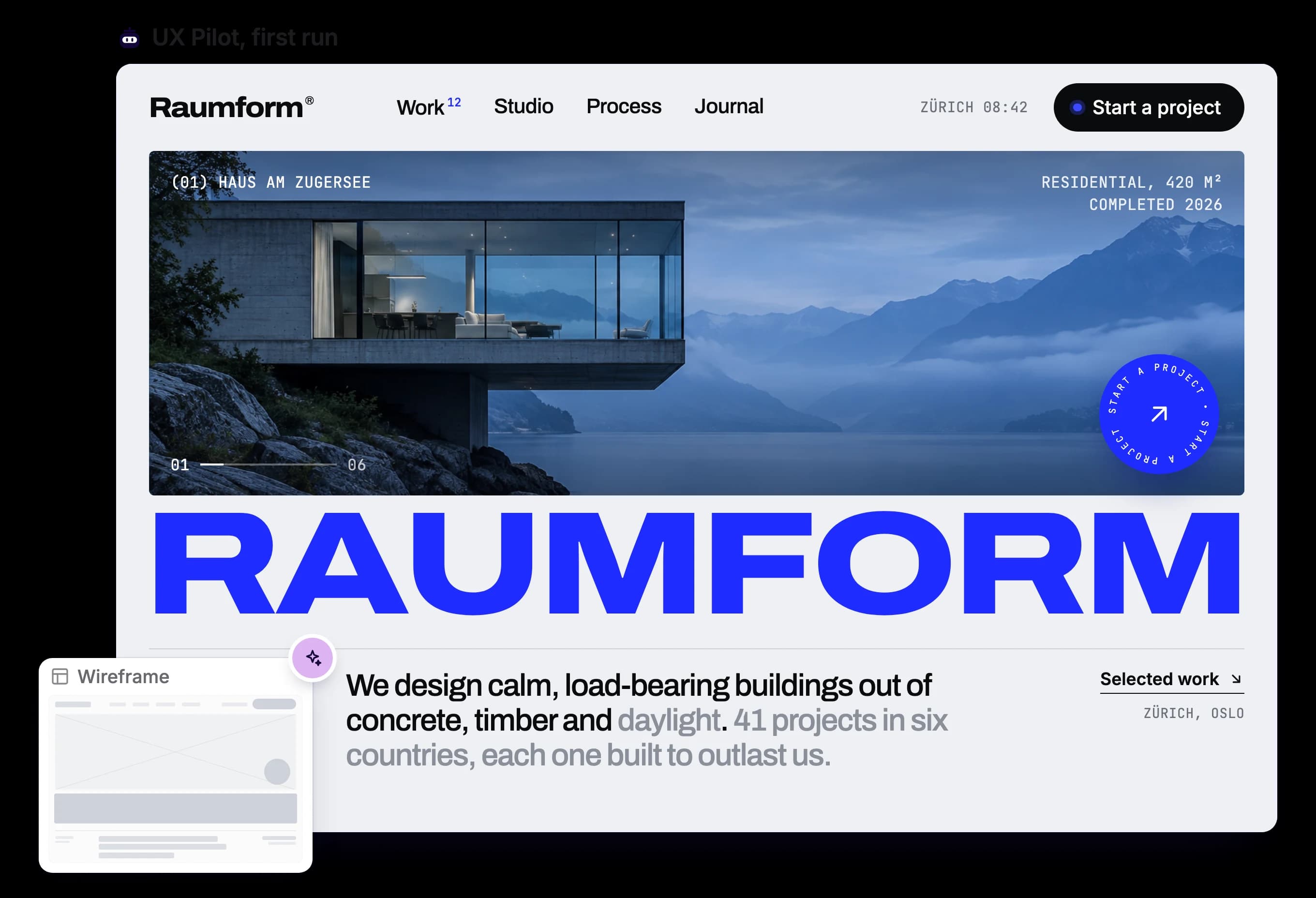 Finished architecture studio homepage generated in UX Pilot from a wireframe
