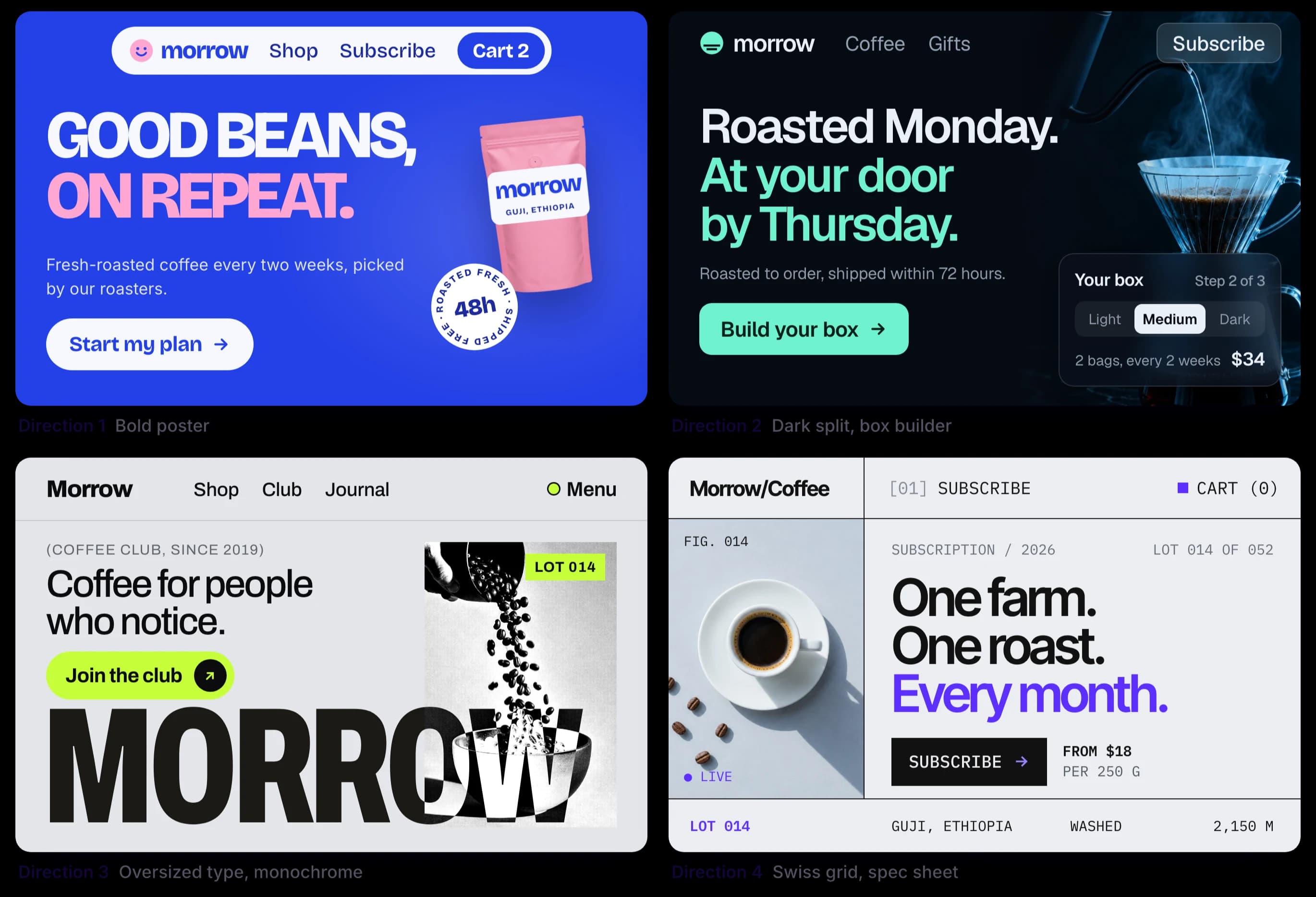 Four design directions for the same coffee subscription homepage, generated in UX Pilot