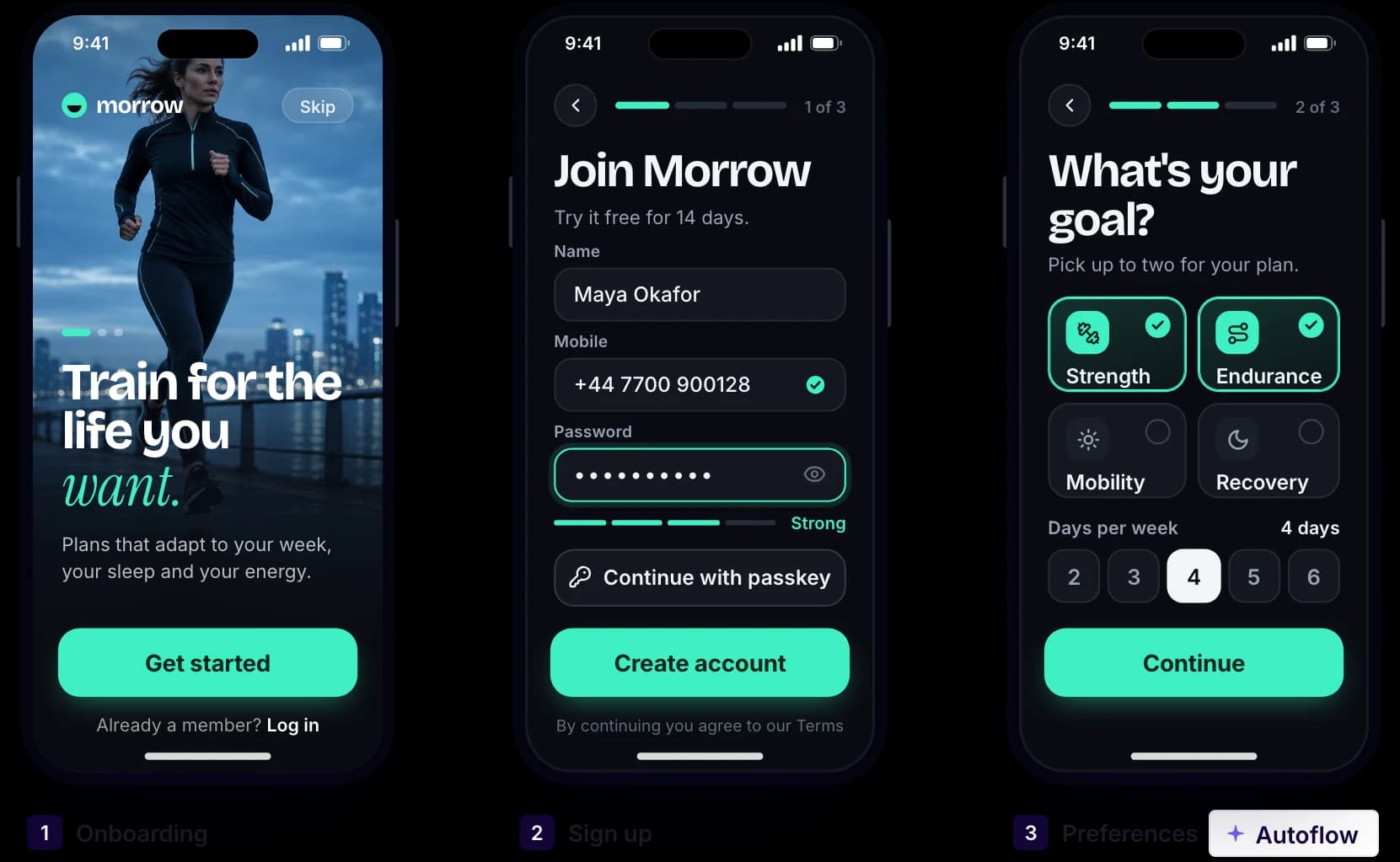 Onboarding, sign-up and preferences screens of a fitness app, connected into one flow with Autoflow in UX Pilot