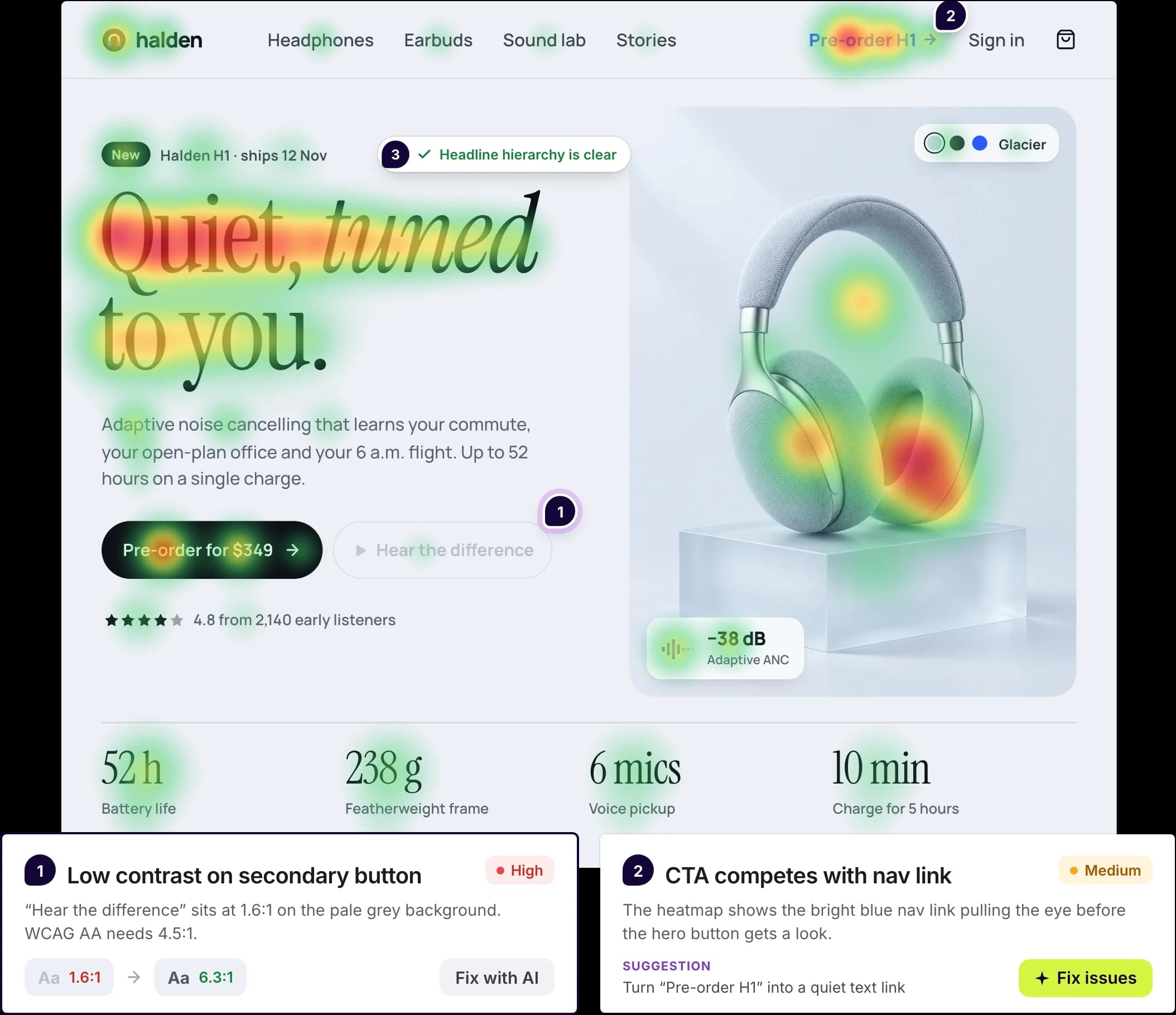 Predictive heatmap and design review findings on a headphones landing page in UX Pilot