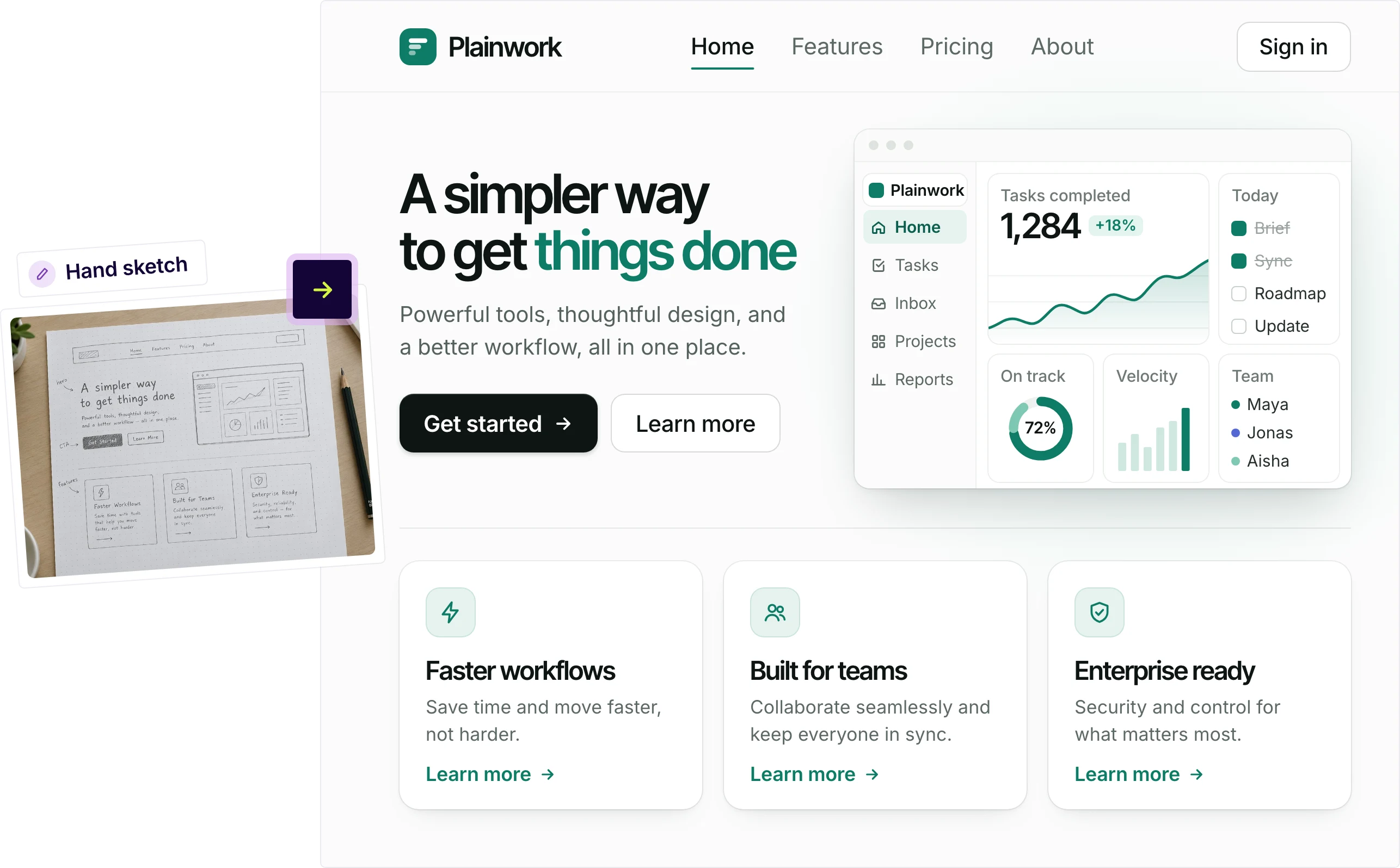 Hand-drawn sketch turned into a finished productivity app landing page in UX Pilot