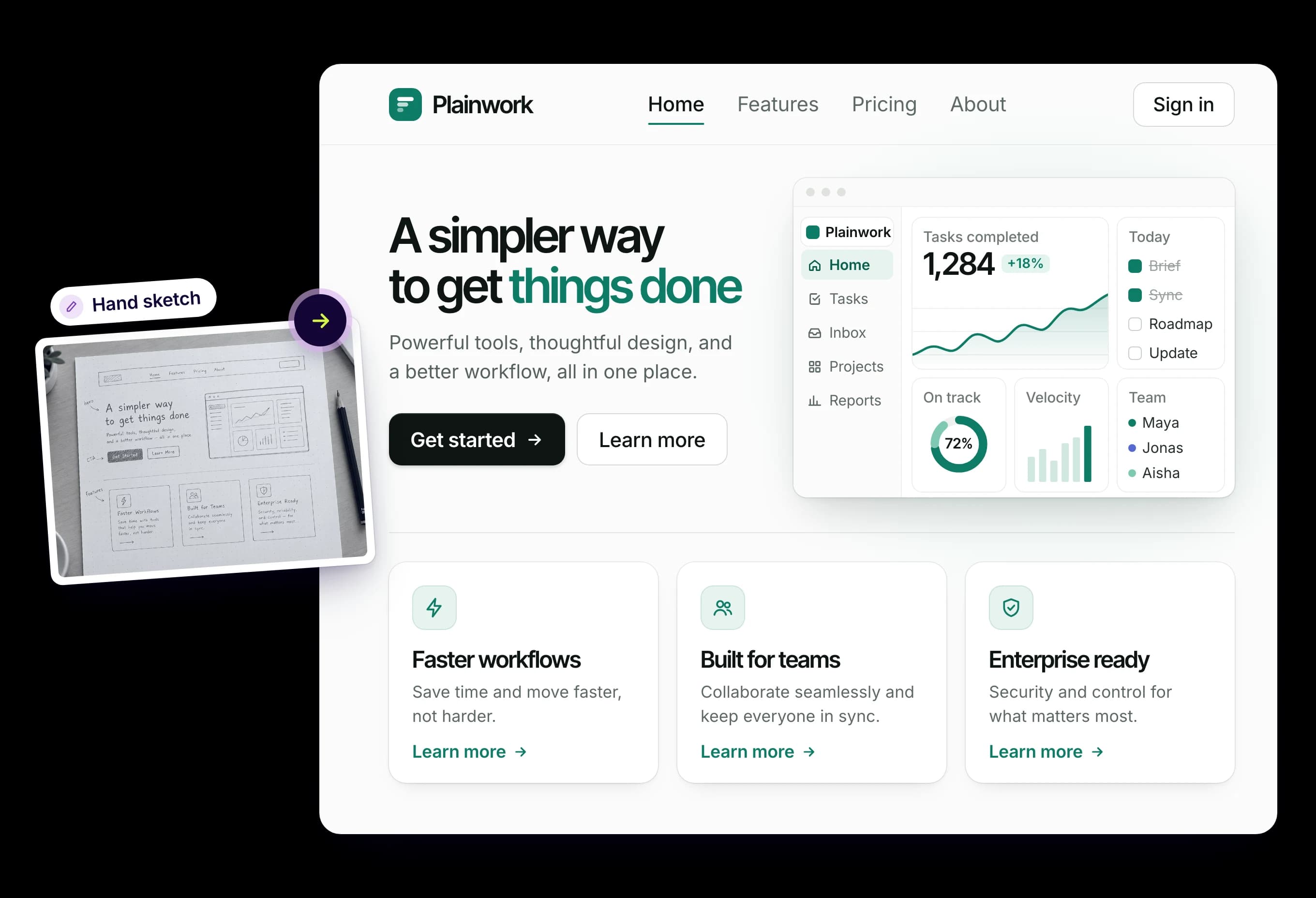 Hand-drawn sketch turned into a finished productivity app landing page in UX Pilot