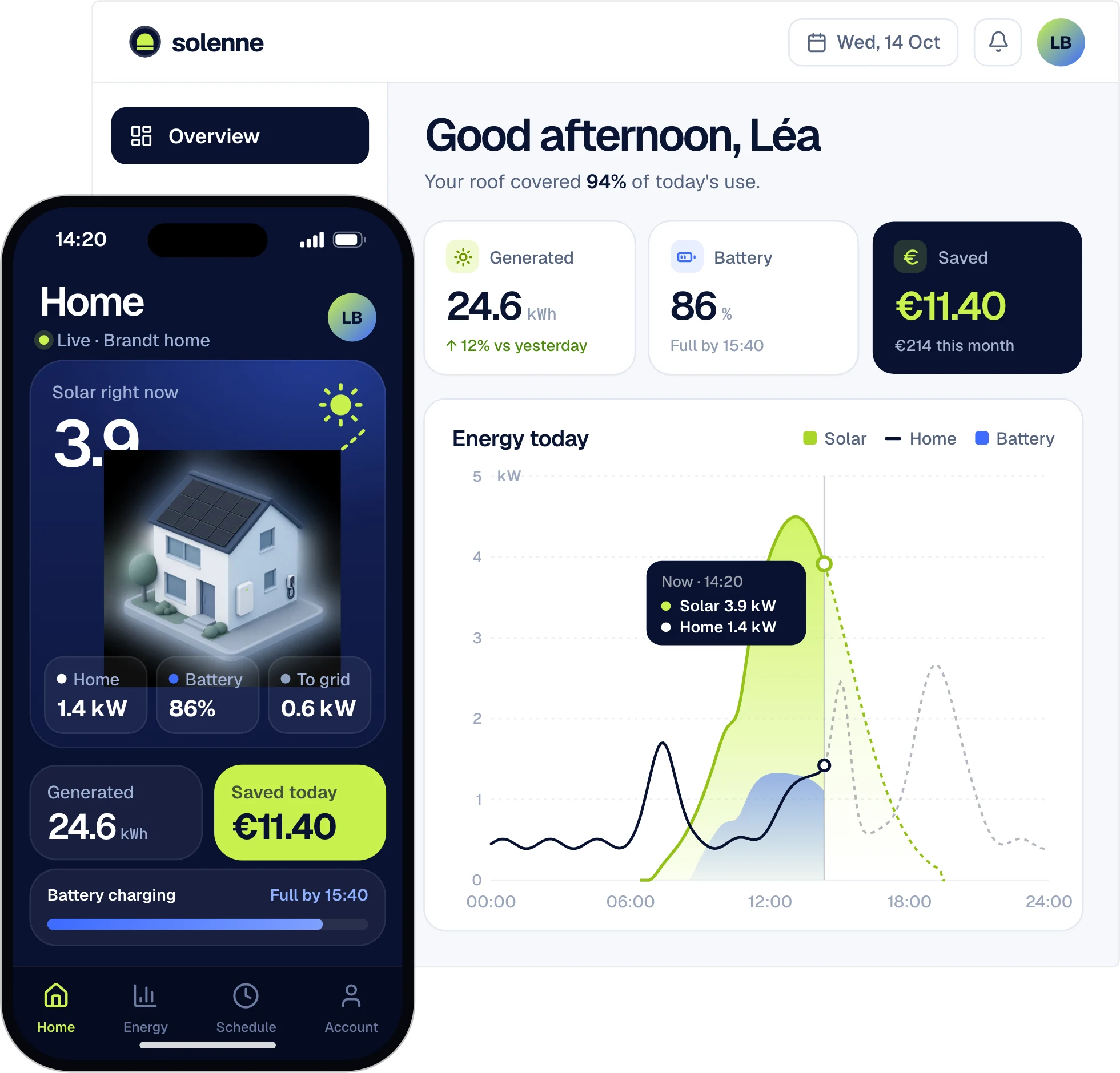 Solar energy web dashboard and matching mobile app designed in UX Pilot