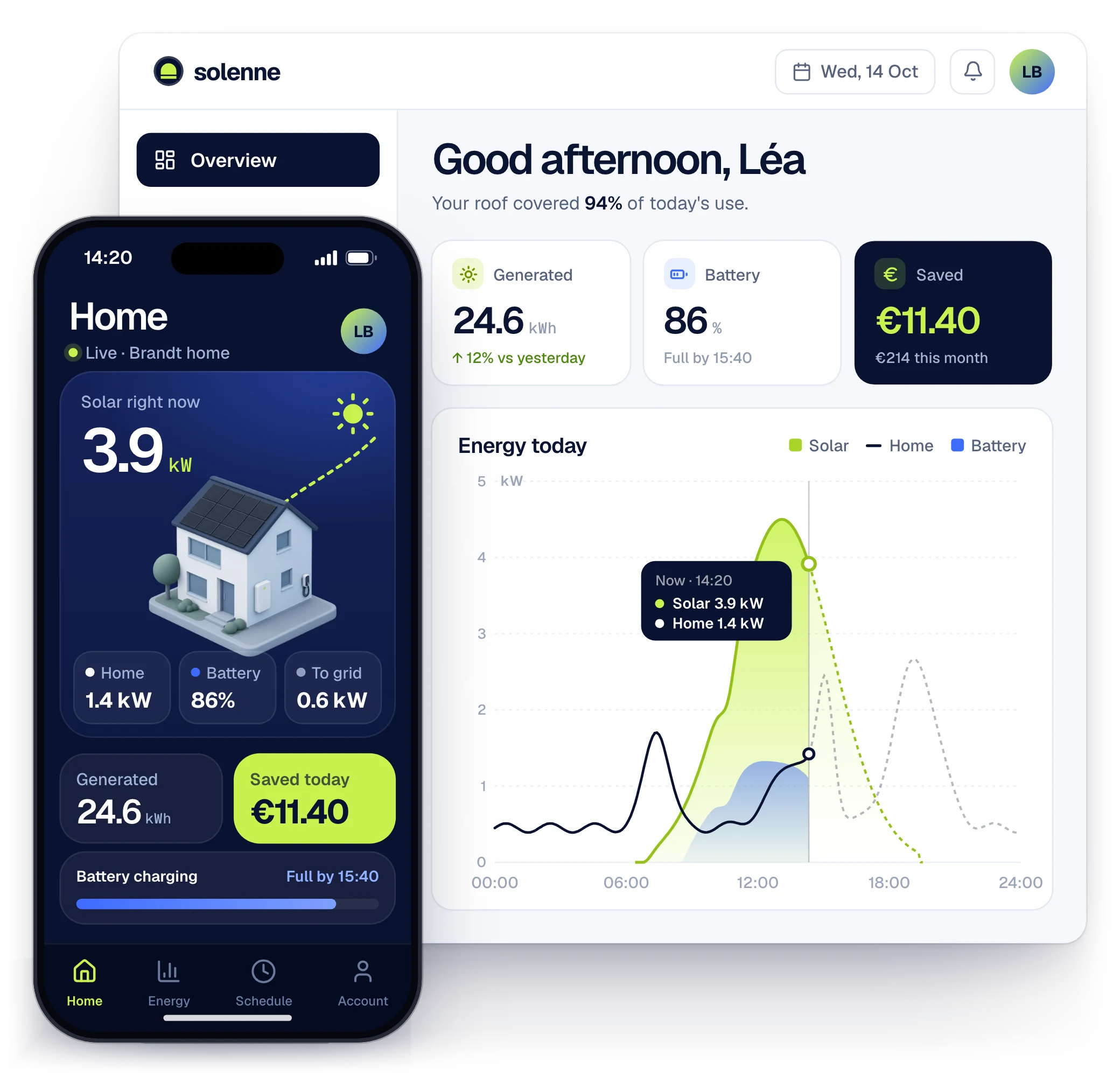 Solar energy web dashboard and matching mobile app designed in UX Pilot