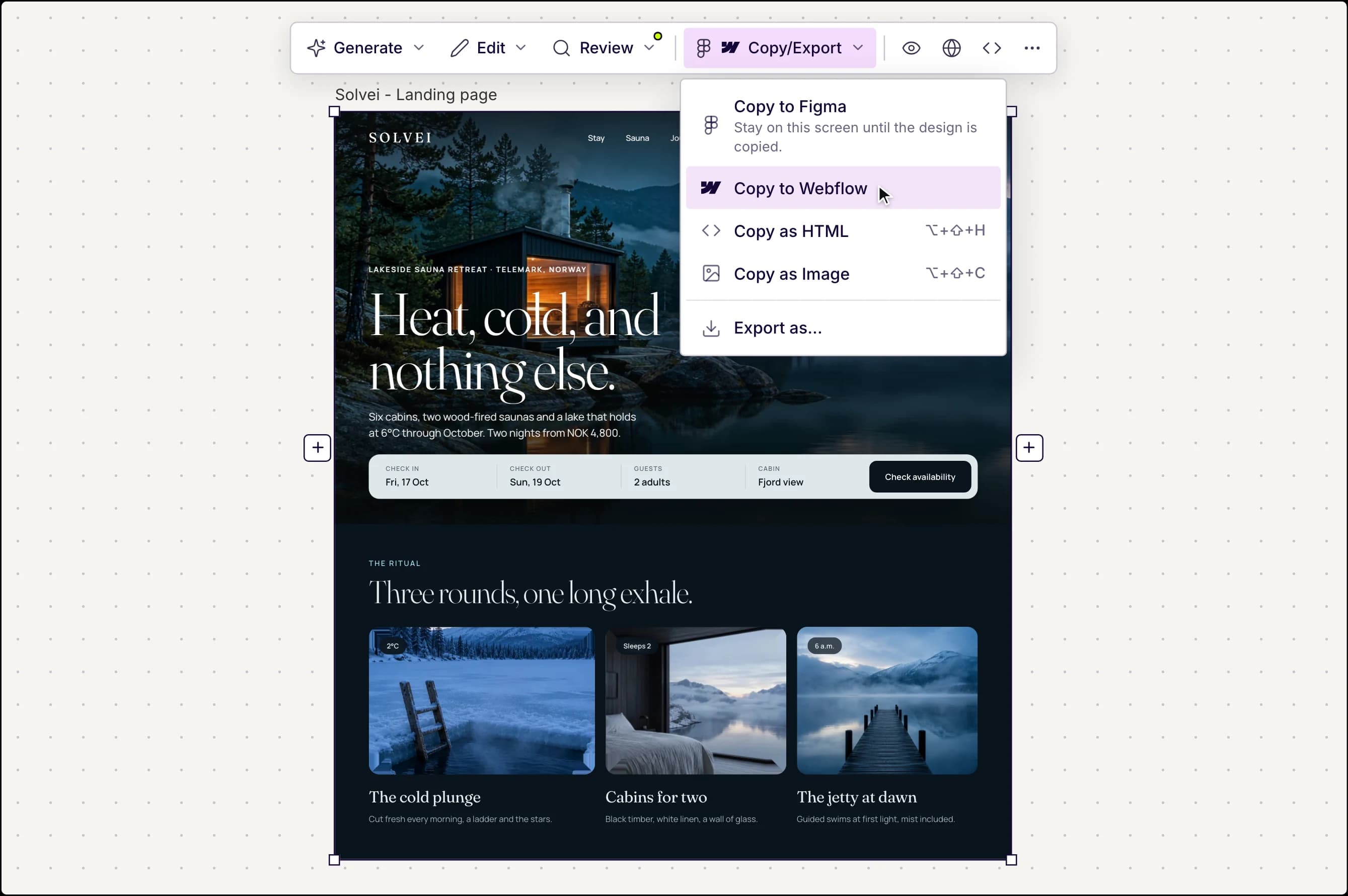 UX Pilot export menu with Copy as HTML and Copy to Webflow on a landing page design