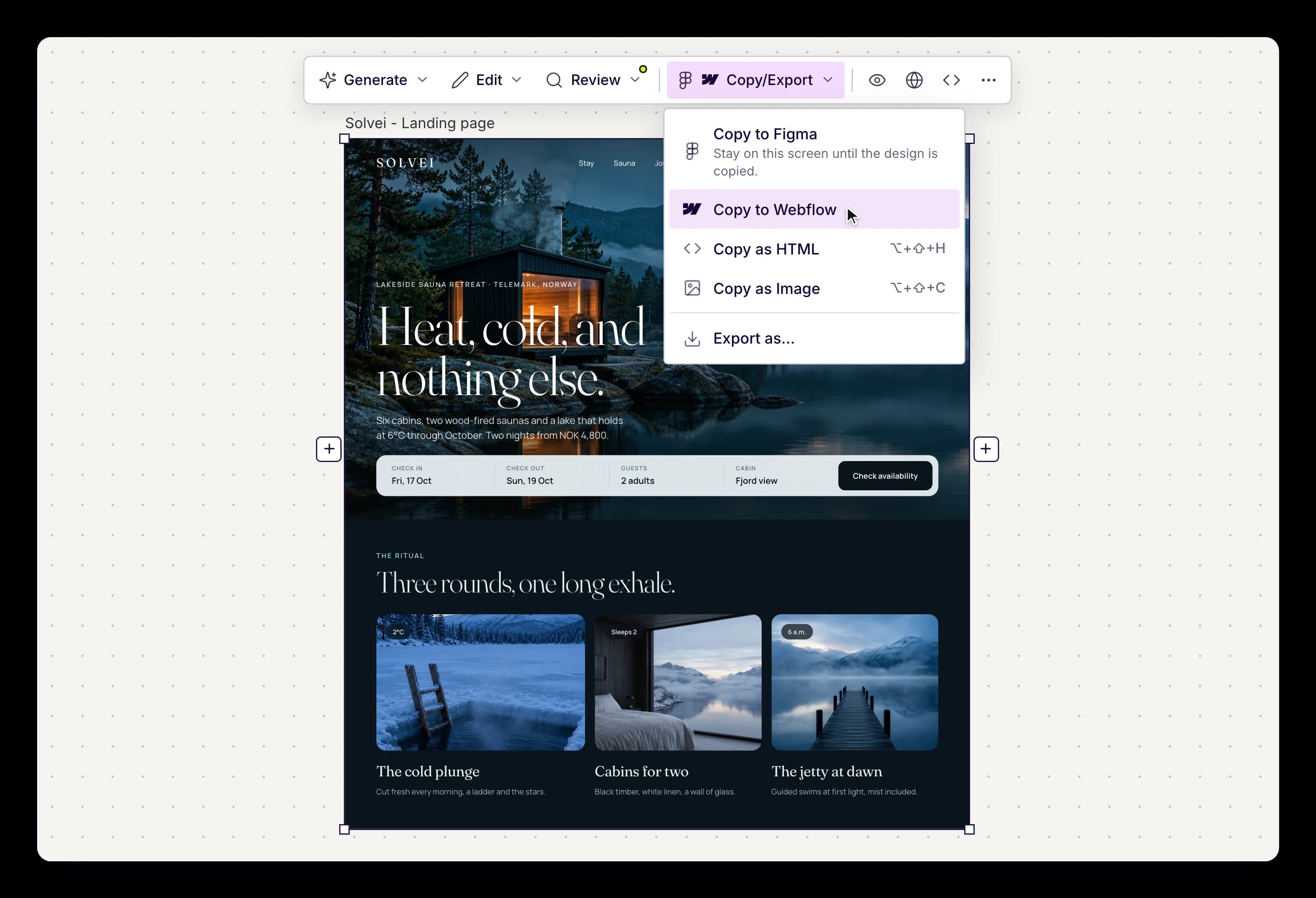 UX Pilot export menu copying a landing page to Figma, Webflow or HTML