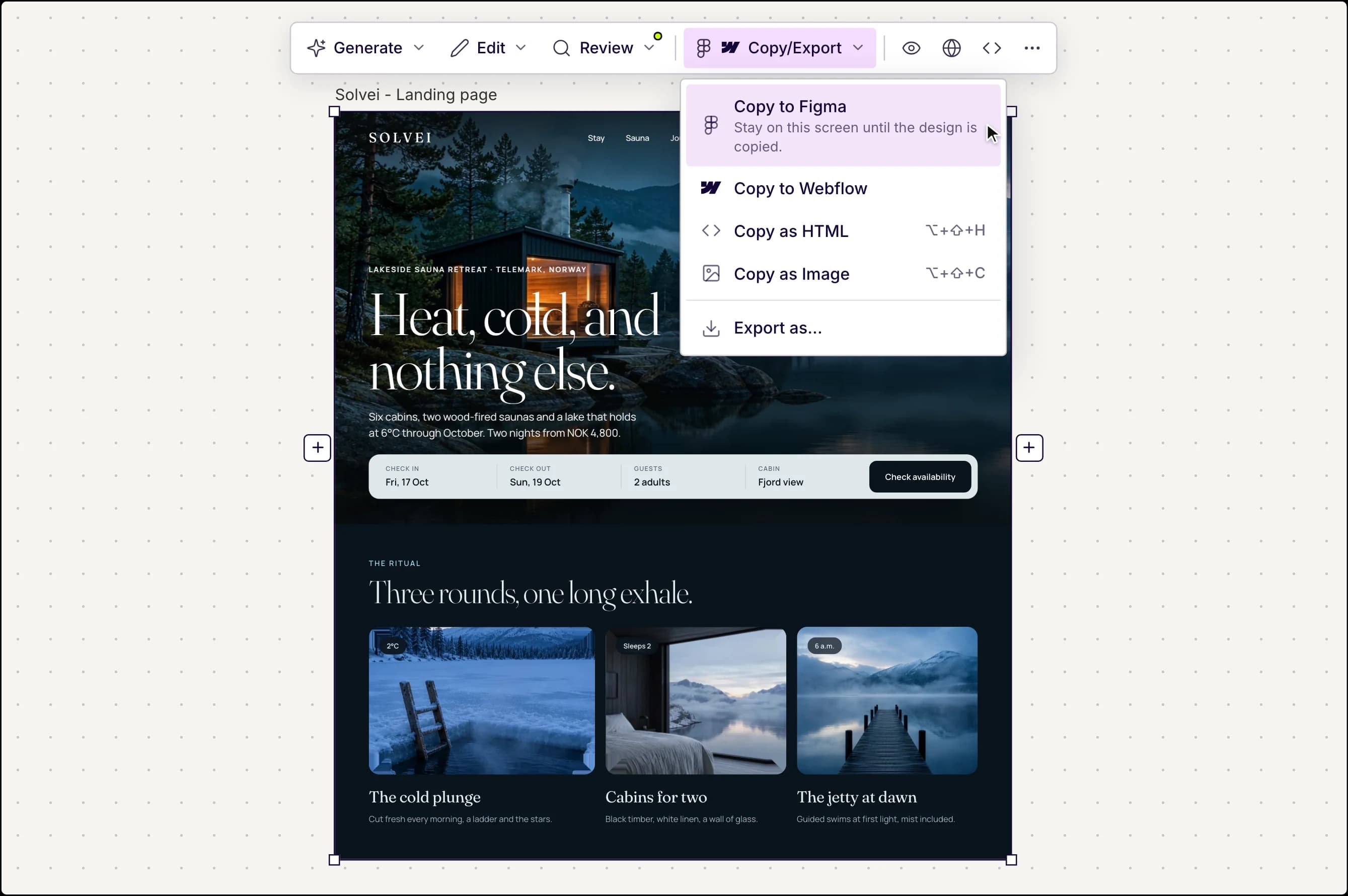 UX Pilot export menu with Copy to Figma selected on a landing page design
