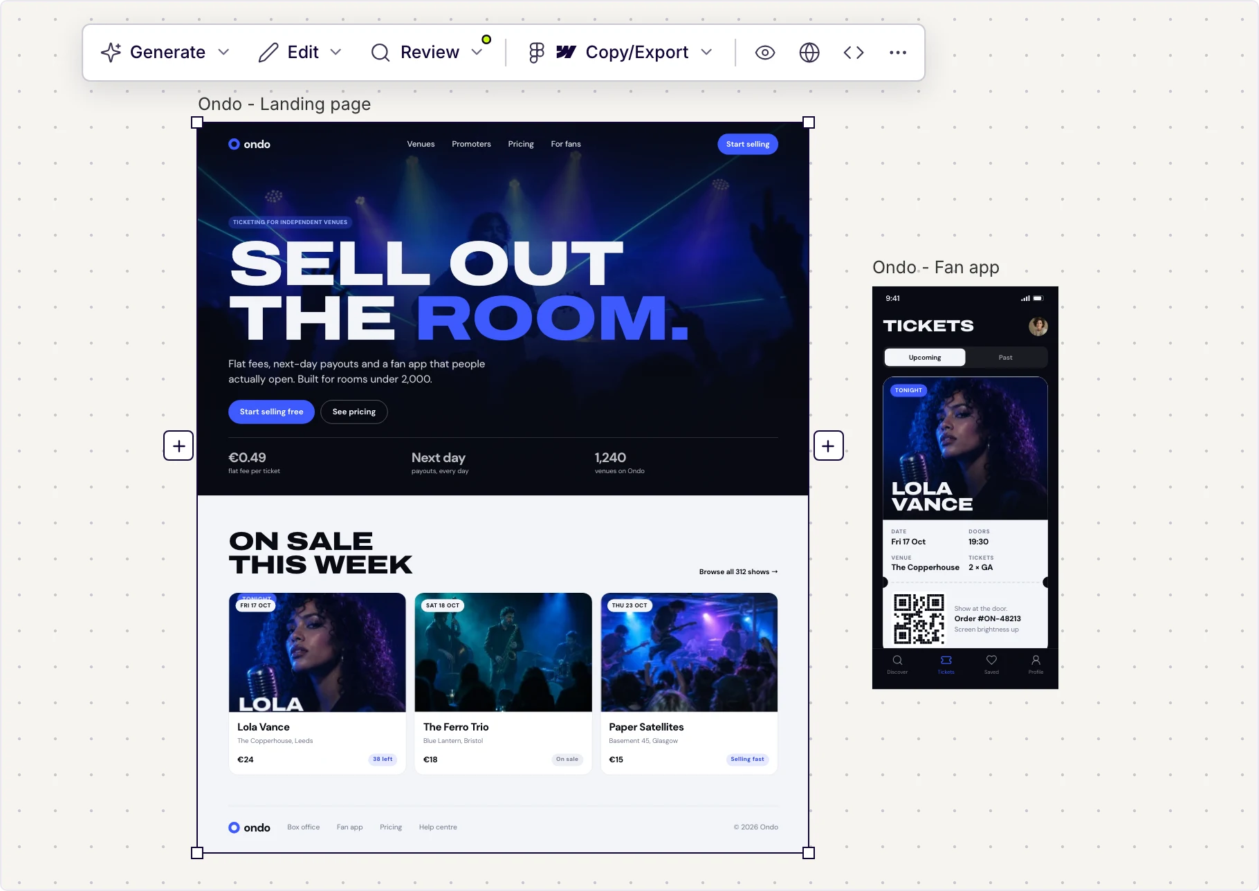 A concert ticketing landing page and its matching mobile fan app screen, designed in UX Pilot