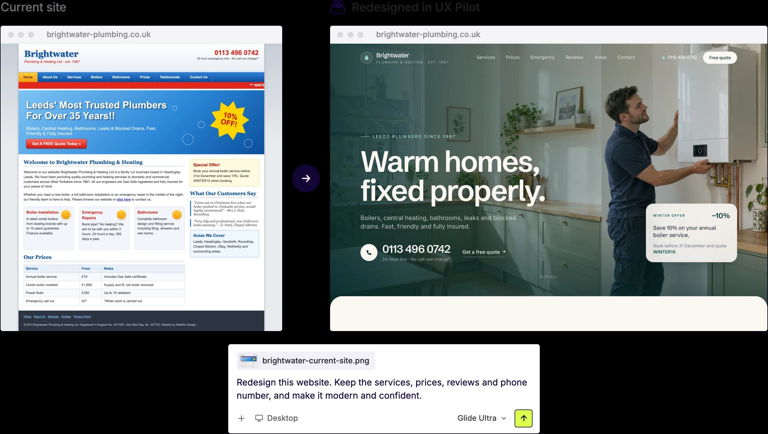 A dated plumbing company website and the modern redesign UX Pilot generated from its screenshot