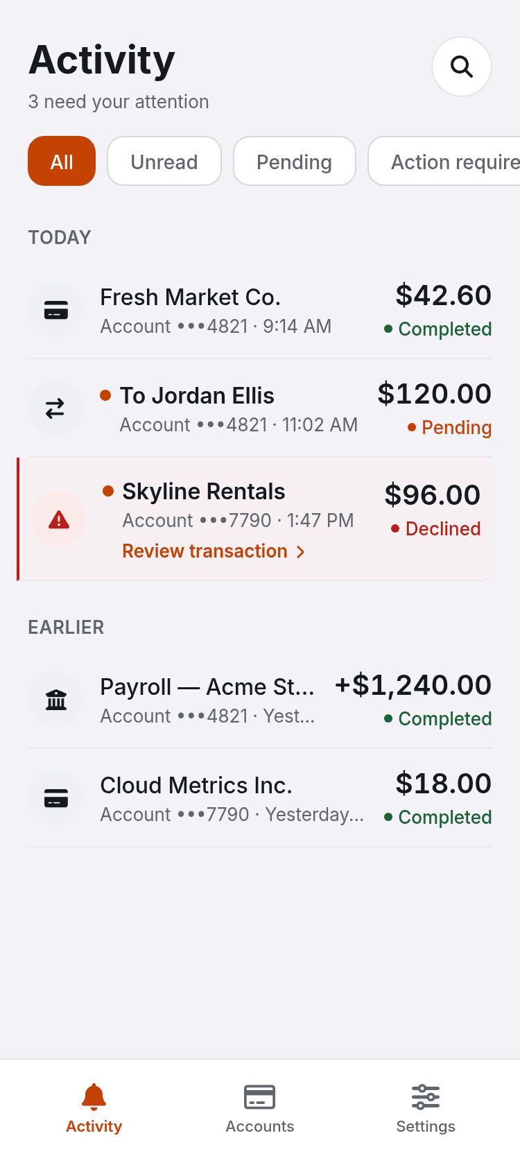 Transactional Alerts Screen Template