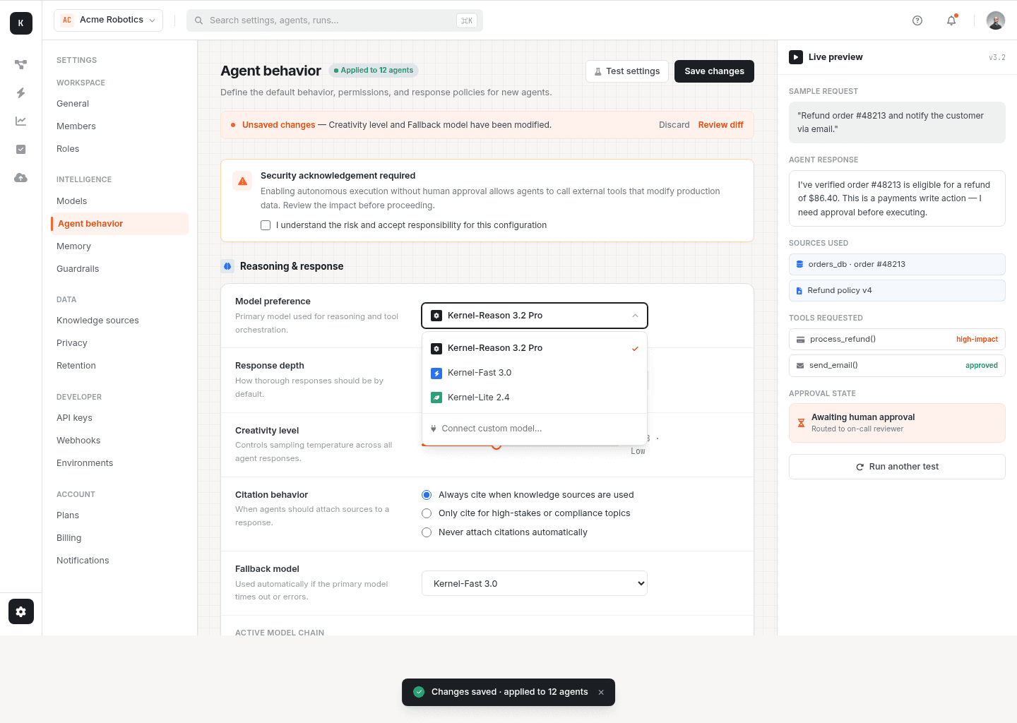AI Agent Settings Dashboard