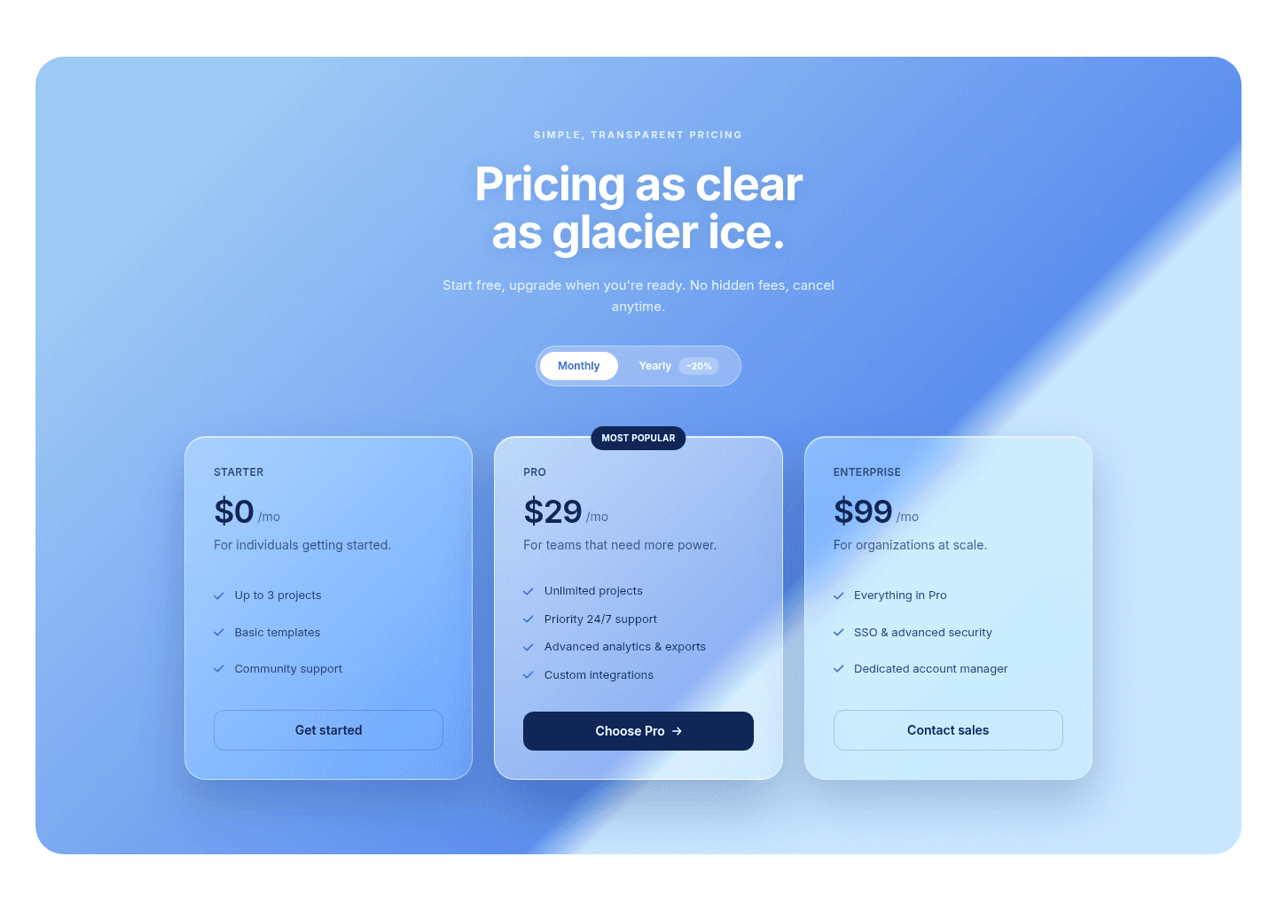 Pricing section Glace