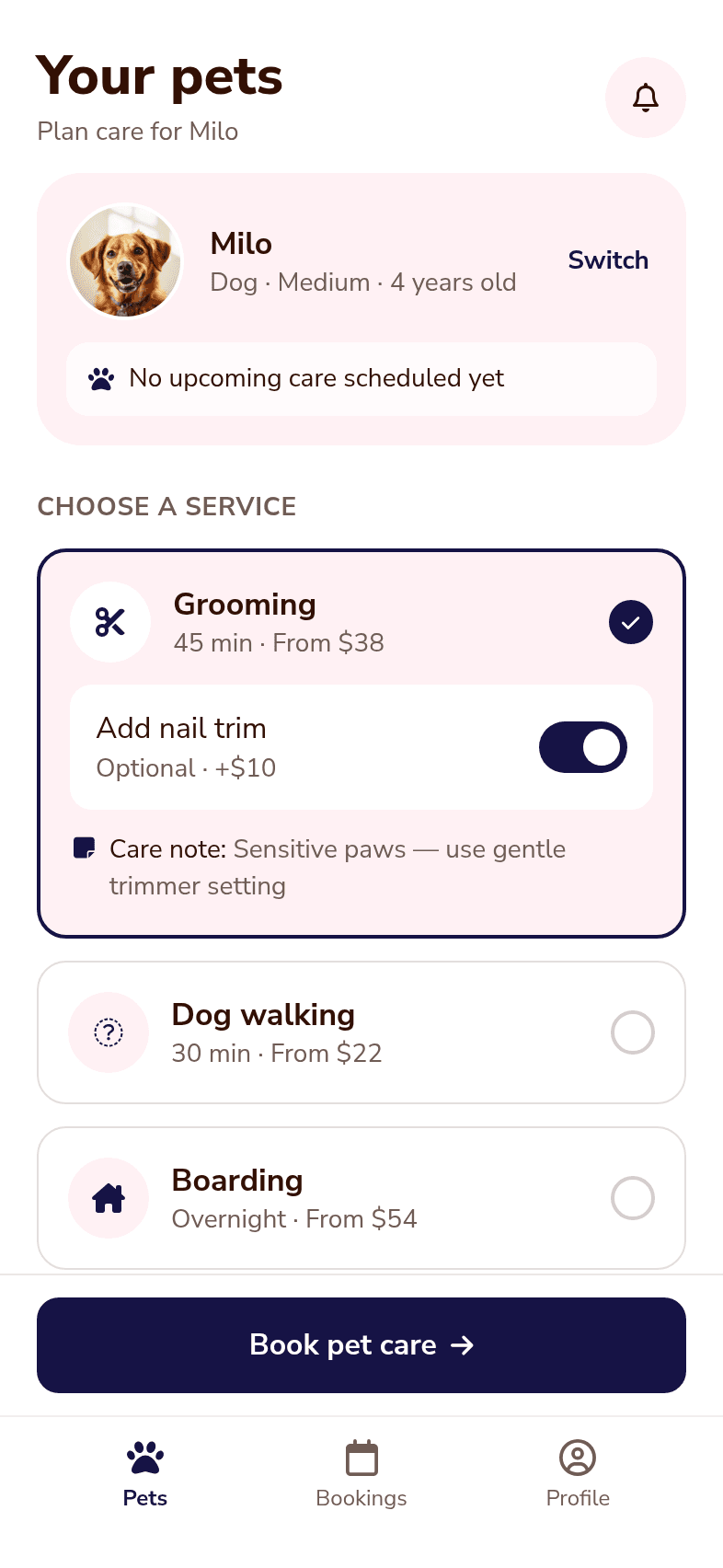 Pet Care Scheduling App Template